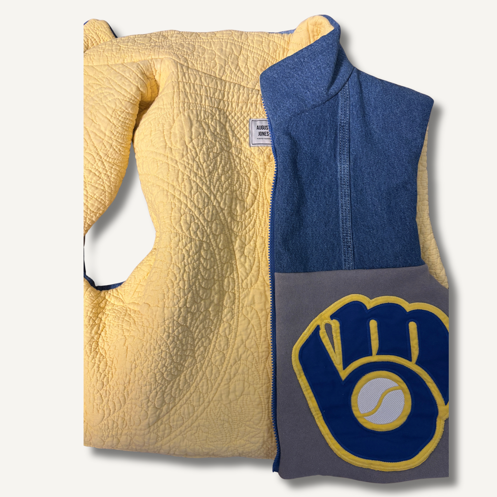 Brewers vest with one half open, showing detailed lining